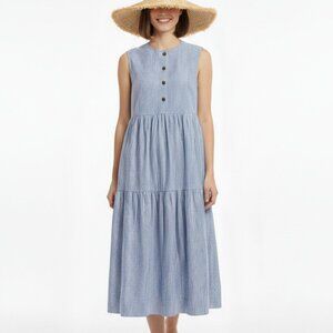Everlane Blue & White Striped Tiered Midi Dress M